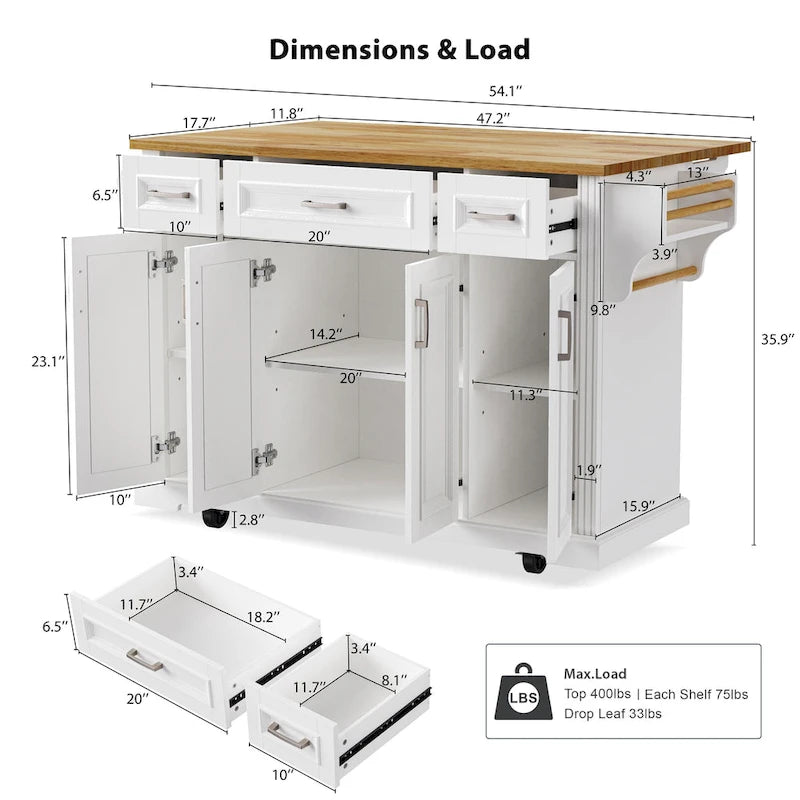 Îlot de cuisine roulant rustique blanc avec abattant en bois d'hévéa, 3 tiroirs et armoire à 4 portes – 1 pièce