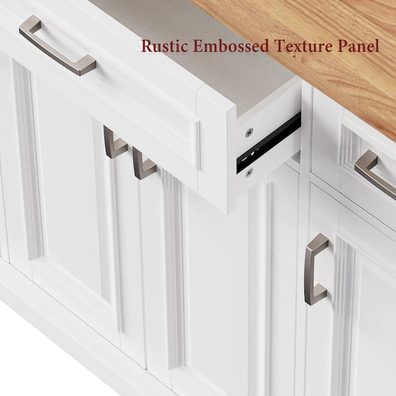 Îlot de cuisine roulant rustique blanc avec abattant en bois d'hévéa, 3 tiroirs et armoire à 4 portes – 1 pièce