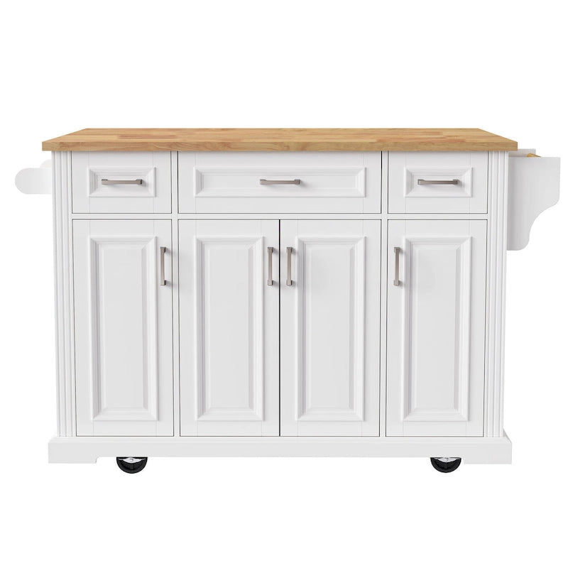 Îlot de cuisine roulant rustique blanc avec abattant en bois d'hévéa, 3 tiroirs et armoire à 4 portes – 1 pièce