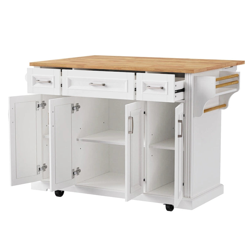 Îlot de cuisine roulant rustique blanc avec abattant en bois d'hévéa, 3 tiroirs et armoire à 4 portes – 1 pièce