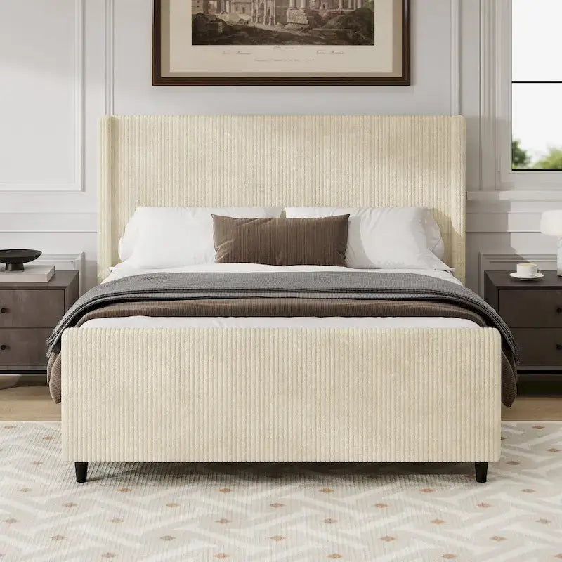 Lit plateforme à oreilles en velours côtelé taupe/crème avec tête et pied de lit à rayures verticales – Grand lit/Très grand lit