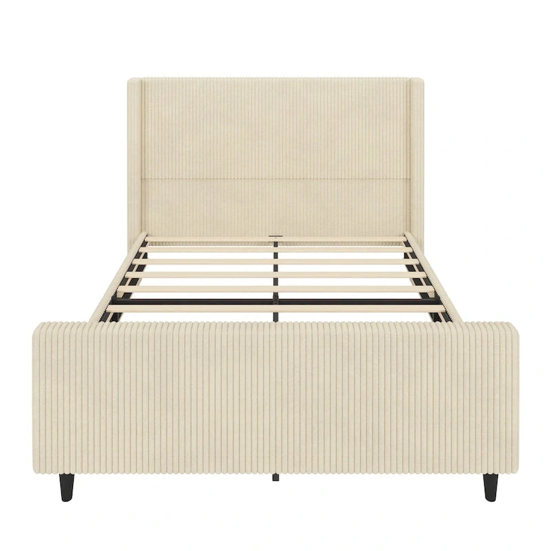 Lit plateforme à oreilles en velours côtelé taupe/crème avec tête et pied de lit à rayures verticales – Grand lit/Très grand lit