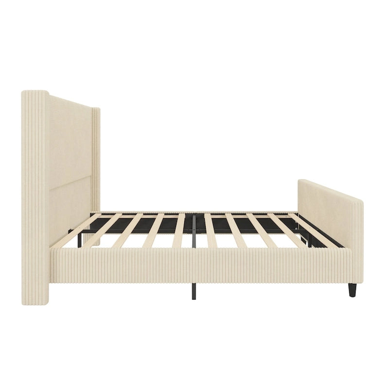 Lit plateforme à oreilles en velours côtelé taupe/crème avec tête et pied de lit à rayures verticales – Grand lit/Très grand lit