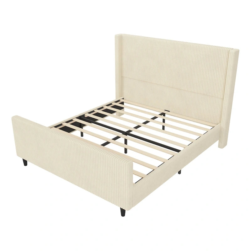 Lit plateforme à oreilles en velours côtelé taupe/crème avec tête et pied de lit à rayures verticales – Grand lit/Très grand lit
