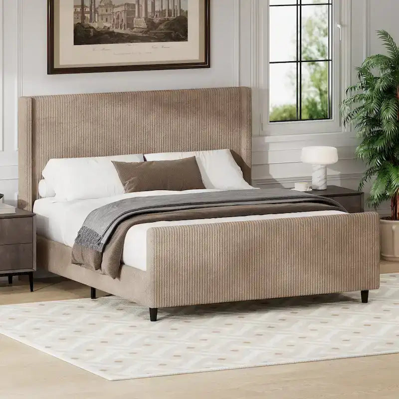 Lit plateforme à oreilles en velours côtelé taupe/crème avec tête et pied de lit à rayures verticales – Grand lit/Très grand lit