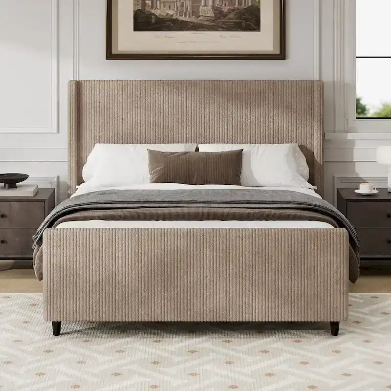 Lit plateforme à oreilles en velours côtelé taupe/crème avec tête et pied de lit à rayures verticales – Grand lit/Très grand lit