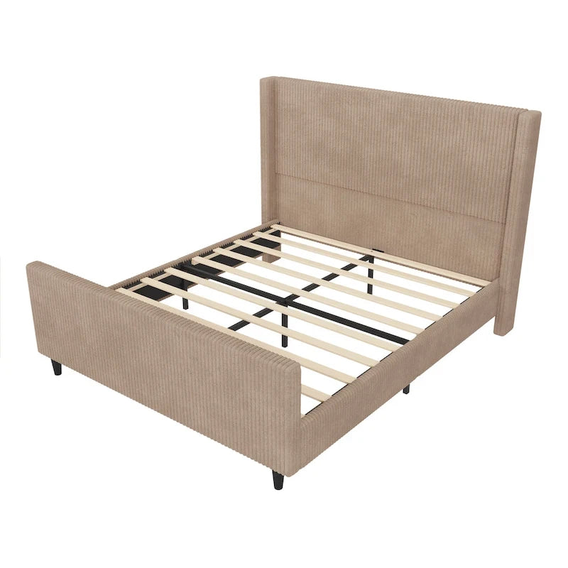 Lit plateforme à oreilles en velours côtelé taupe/crème avec tête et pied de lit à rayures verticales – Grand lit/Très grand lit