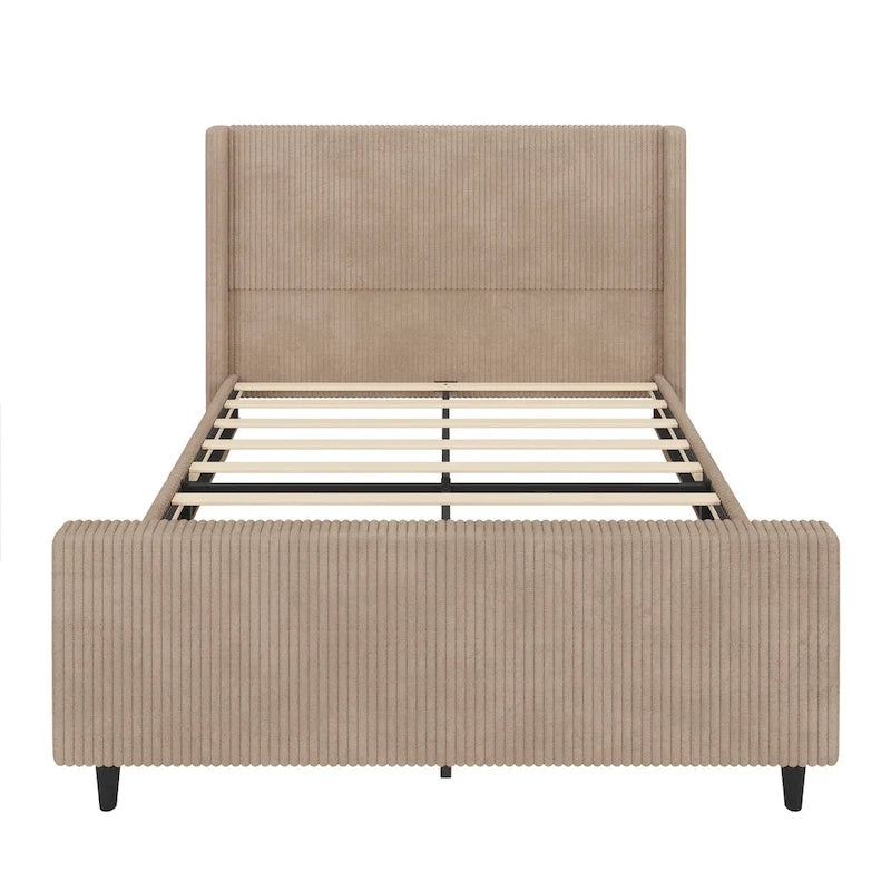 Lit plateforme à oreilles en velours côtelé taupe/crème avec tête et pied de lit à rayures verticales – Grand lit/Très grand lit