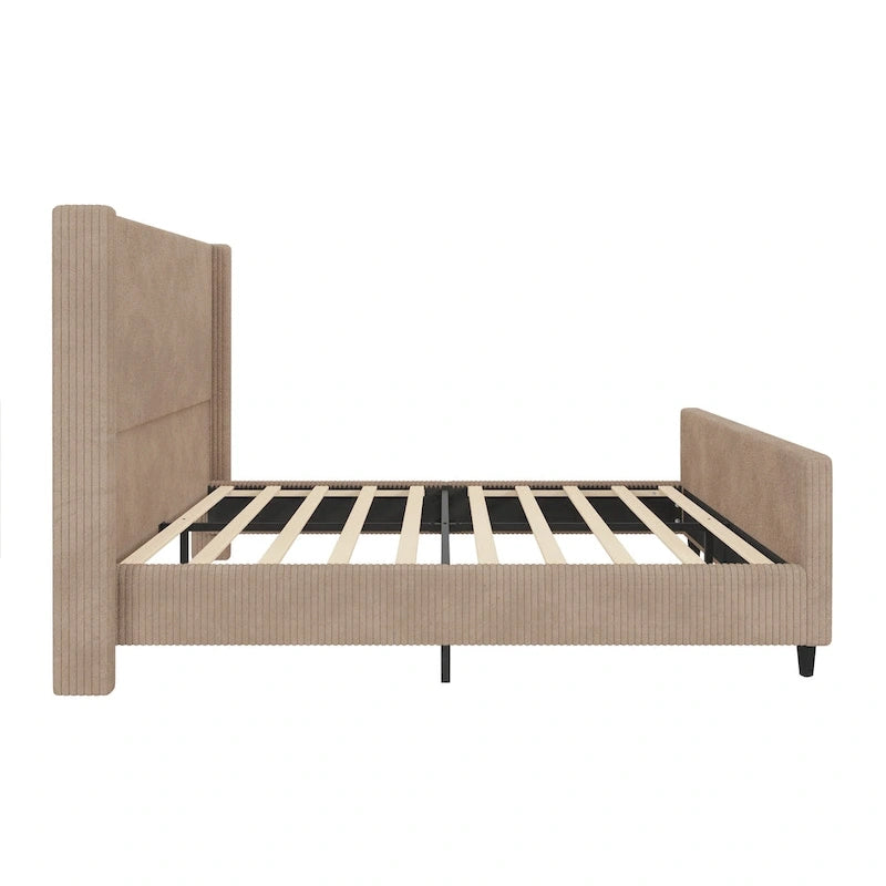 Lit plateforme à oreilles en velours côtelé taupe/crème avec tête et pied de lit à rayures verticales – Grand lit/Très grand lit