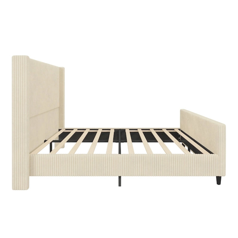 Lit plateforme à oreilles en velours côtelé taupe/crème avec tête et pied de lit à rayures verticales – Grand lit/Très grand lit