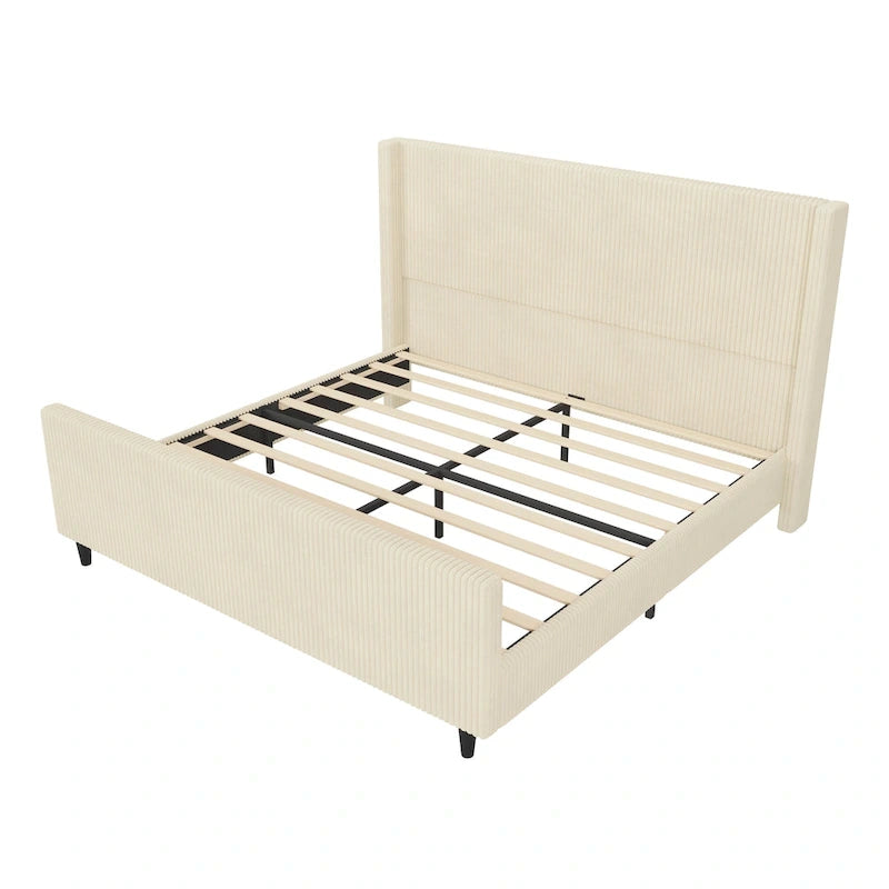 Lit plateforme à oreilles en velours côtelé taupe/crème avec tête et pied de lit à rayures verticales – Grand lit/Très grand lit
