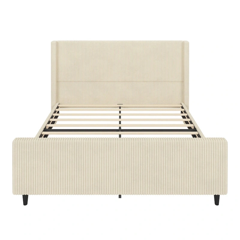 Lit plateforme à oreilles en velours côtelé taupe/crème avec tête et pied de lit à rayures verticales – Grand lit/Très grand lit