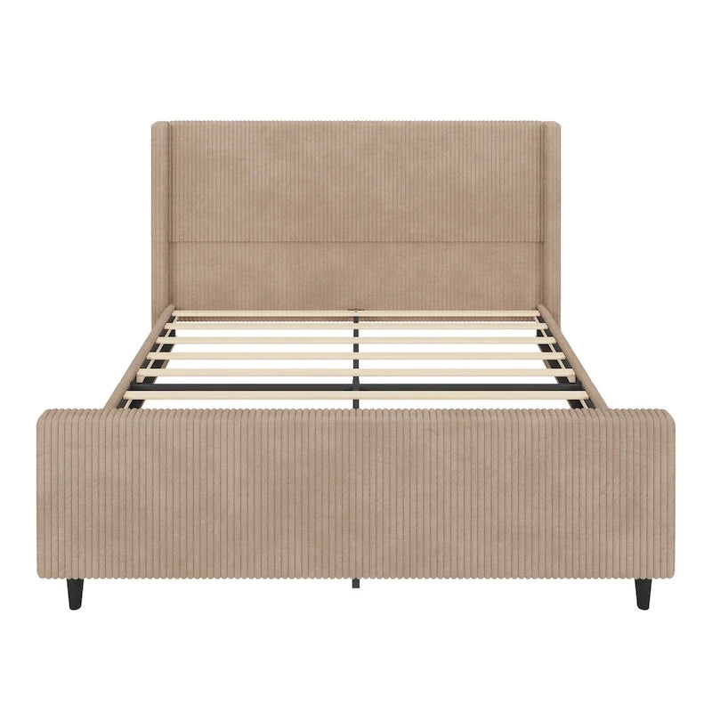 Lit plateforme à oreilles en velours côtelé taupe/crème avec tête et pied de lit à rayures verticales – Grand lit/Très grand lit