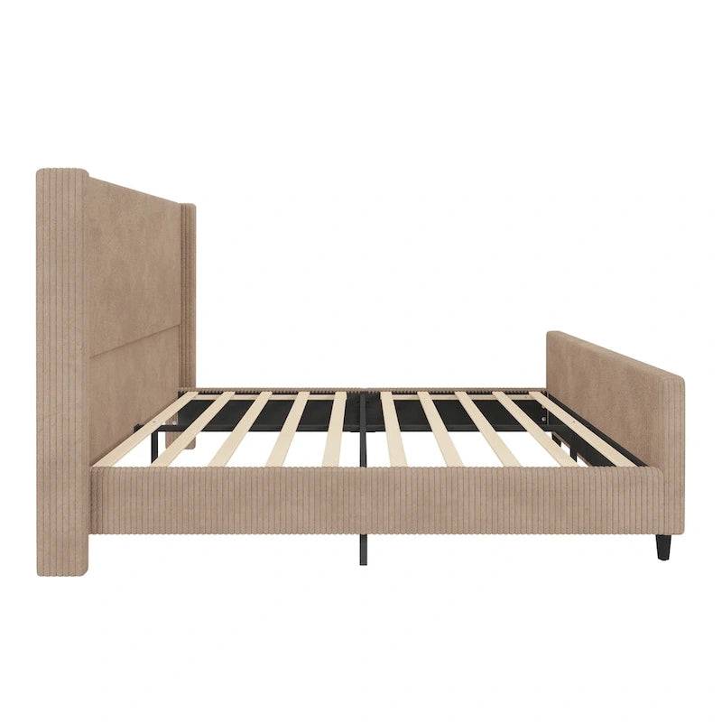 Lit plateforme à oreilles en velours côtelé taupe/crème avec tête et pied de lit à rayures verticales – Grand lit/Très grand lit