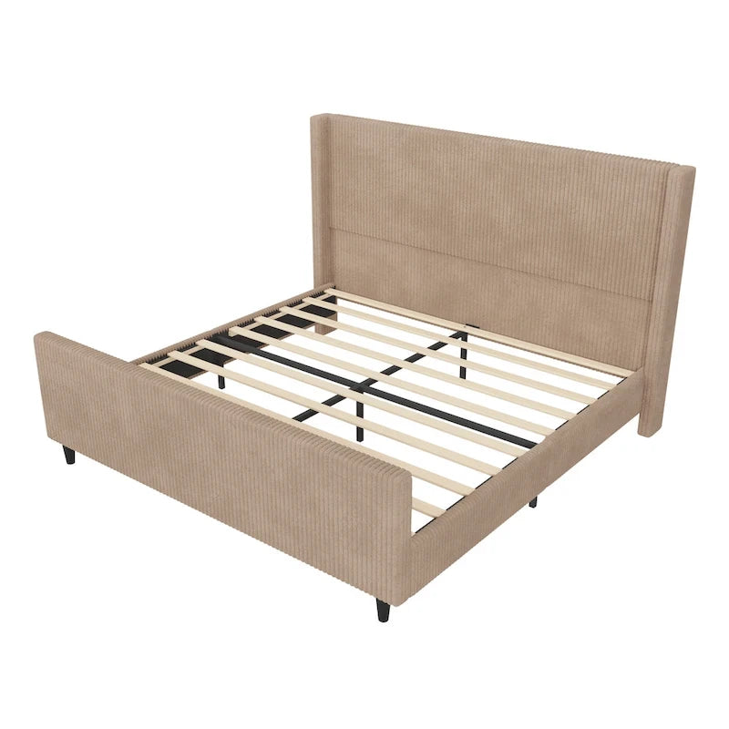 Lit plateforme à oreilles en velours côtelé taupe/crème avec tête et pied de lit à rayures verticales – Grand lit/Très grand lit
