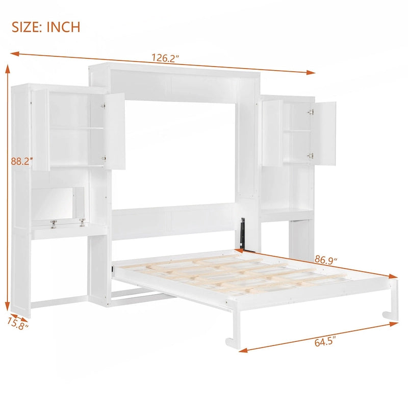 Lit escamotable Espresso Queen avec armoire, bureau et miroir de courtoisie rabattable