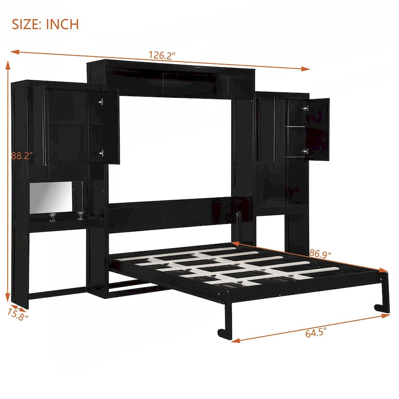 Lit escamotable Espresso Queen avec armoire, bureau et miroir de courtoisie rabattable