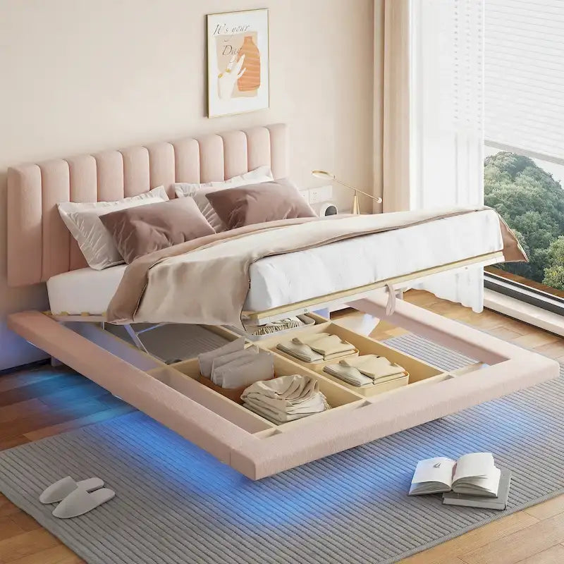Lit plateforme flottant Queen en velours rose / gris / beige avec éclairage à bande LED, port USB et 4 compartiments de rangement