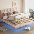Lit plateforme flottant Queen en velours rose / gris / beige avec éclairage à bande LED, port USB et 4 compartiments de rangement