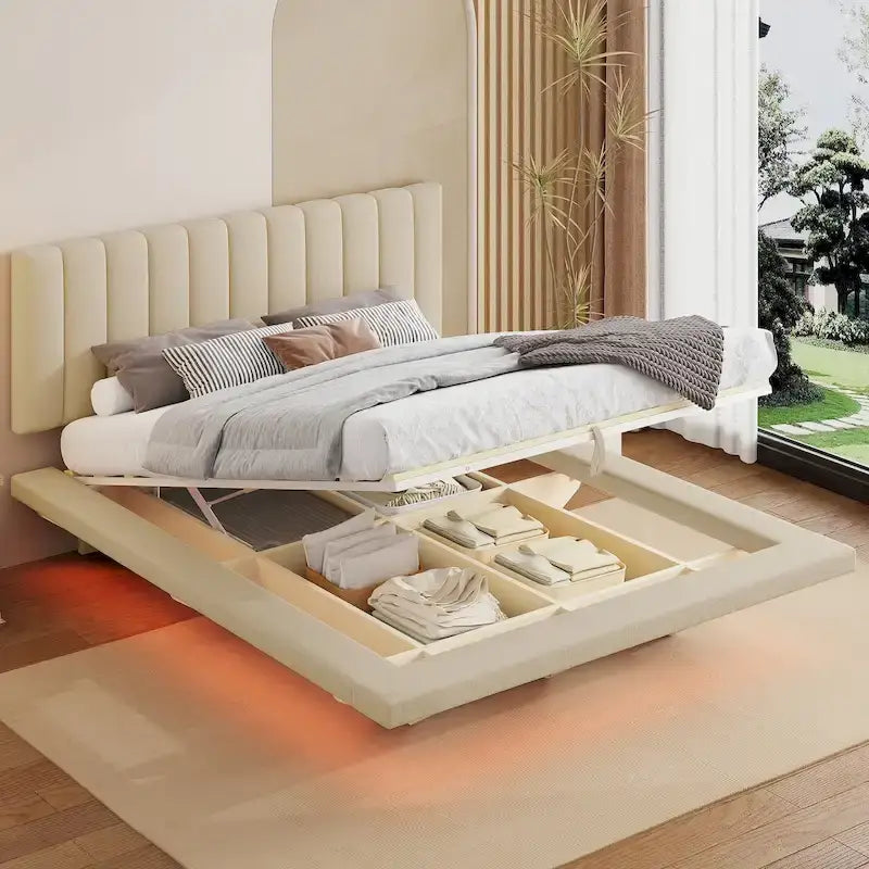 Lit plateforme flottant Queen en velours rose / gris / beige avec éclairage à bande LED, port USB et 4 compartiments de rangement