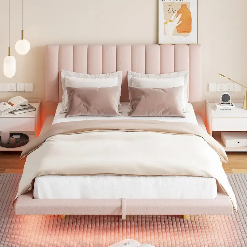 Lit plateforme flottant Queen en velours rose / gris / beige avec éclairage à bande LED, port USB et 4 compartiments de rangement