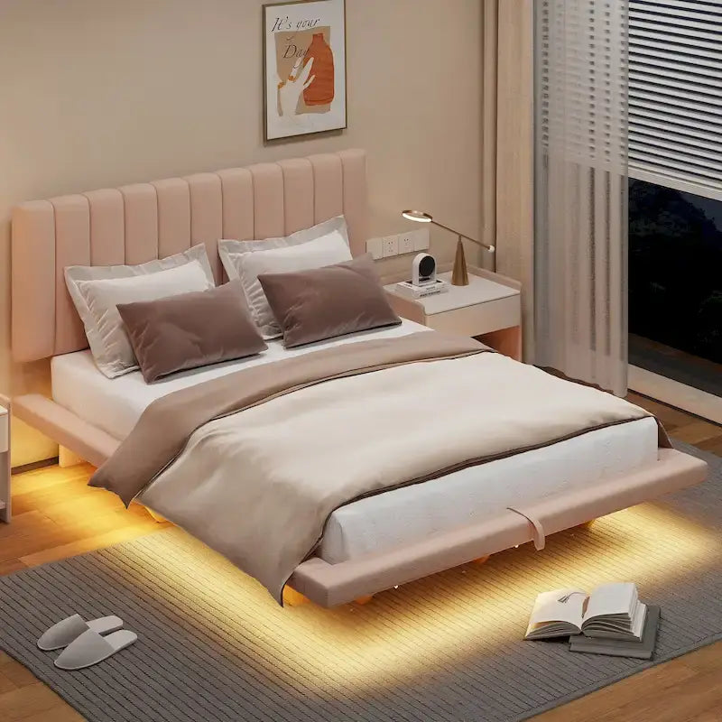 Lit plateforme flottant Queen en velours rose / gris / beige avec éclairage à bande LED, port USB et 4 compartiments de rangement