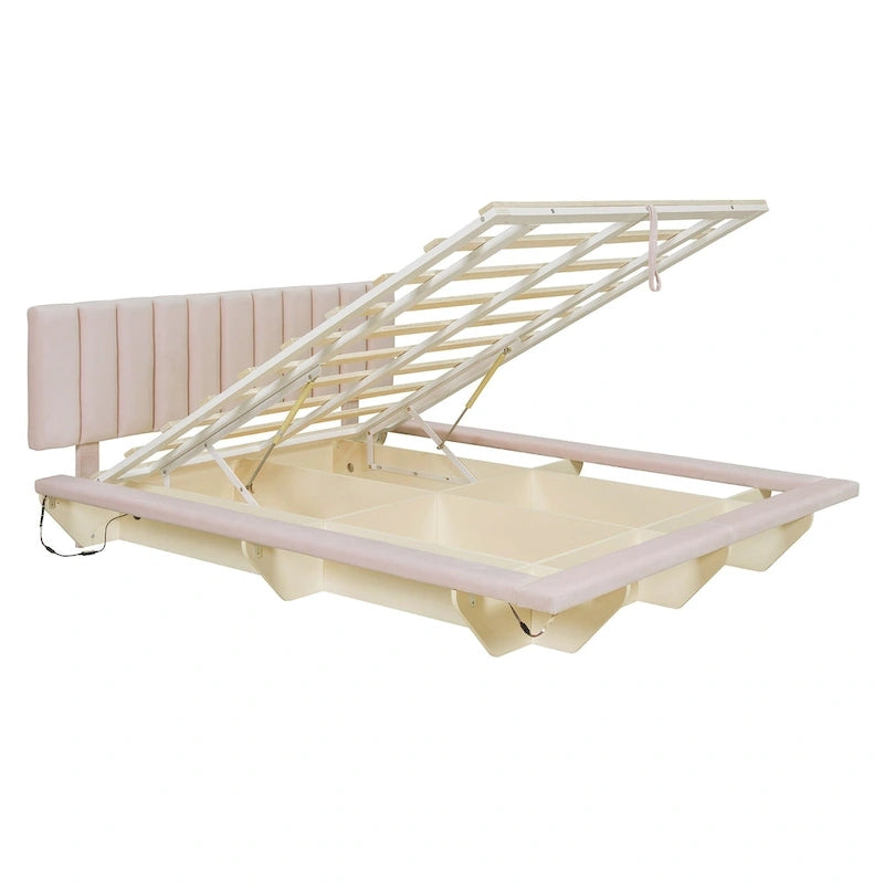 Lit plateforme flottant Queen en velours rose / gris / beige avec éclairage à bande LED, port USB et 4 compartiments de rangement