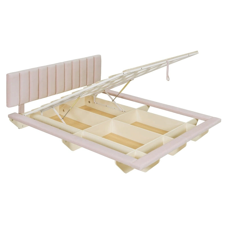 Lit plateforme flottant Queen en velours rose / gris / beige avec éclairage à bande LED, port USB et 4 compartiments de rangement