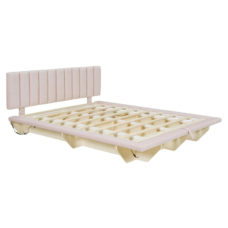 Lit plateforme flottant Queen en velours rose / gris / beige avec éclairage à bande LED, port USB et 4 compartiments de rangement