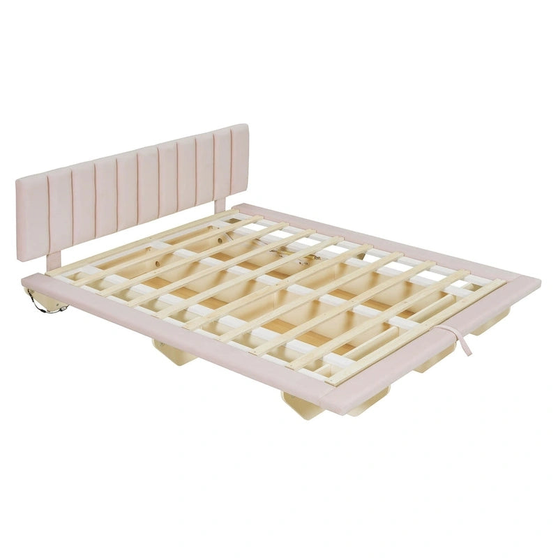 Lit plateforme flottant Queen en velours rose / gris / beige avec éclairage à bande LED, port USB et 4 compartiments de rangement