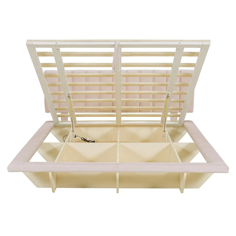 Lit plateforme flottant Queen en velours rose / gris / beige avec éclairage à bande LED, port USB et 4 compartiments de rangement