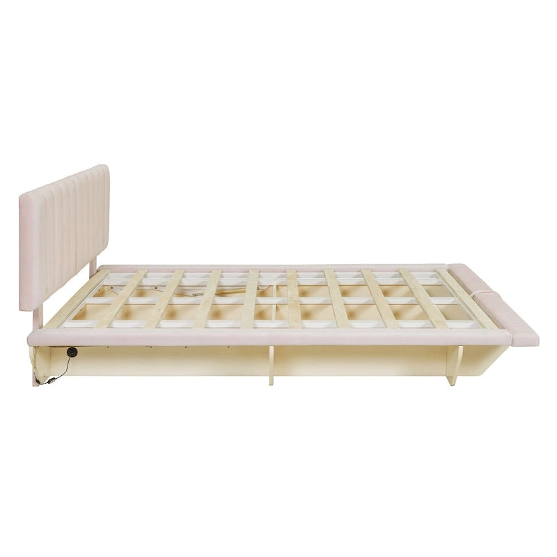 Lit plateforme flottant Queen en velours rose / gris / beige avec éclairage à bande LED, port USB et 4 compartiments de rangement