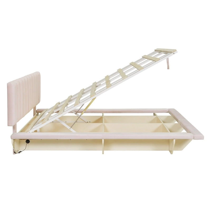 Lit plateforme flottant Queen en velours rose / gris / beige avec éclairage à bande LED, port USB et 4 compartiments de rangement