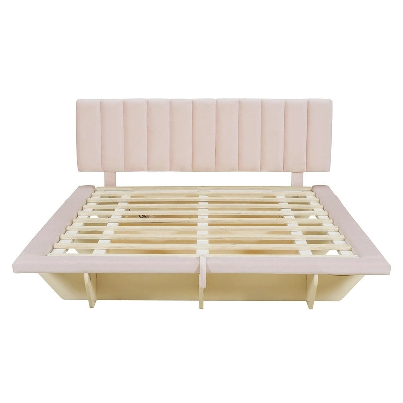 Lit plateforme flottant Queen en velours rose / gris / beige avec éclairage à bande LED, port USB et 4 compartiments de rangement