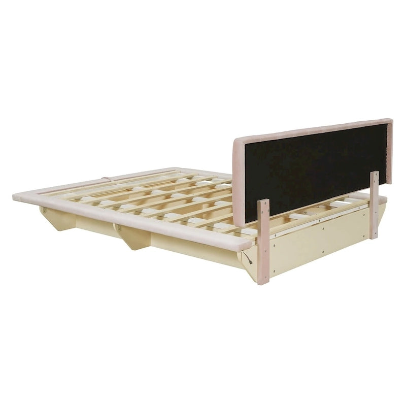 Lit plateforme flottant Queen en velours rose / gris / beige avec éclairage à bande LED, port USB et 4 compartiments de rangement