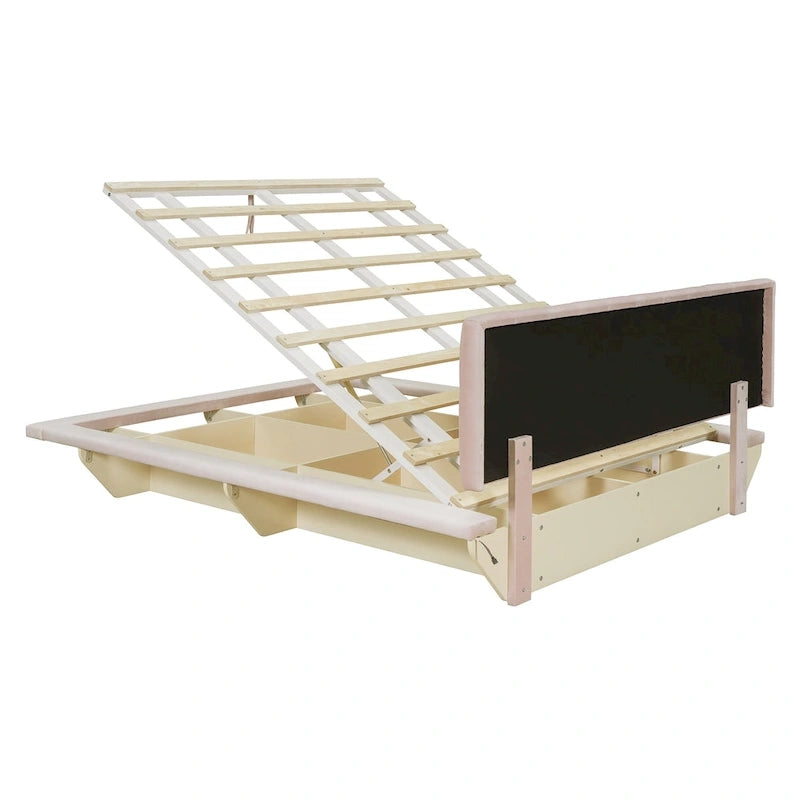Lit plateforme flottant Queen en velours rose / gris / beige avec éclairage à bande LED, port USB et 4 compartiments de rangement