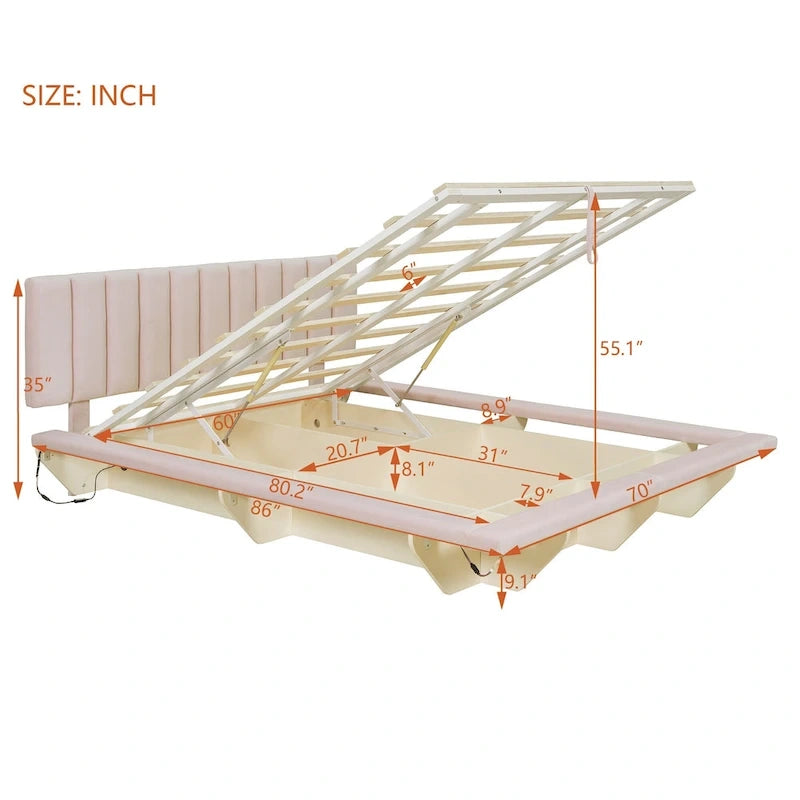 Lit plateforme flottant Queen en velours rose / gris / beige avec éclairage à bande LED, port USB et 4 compartiments de rangement