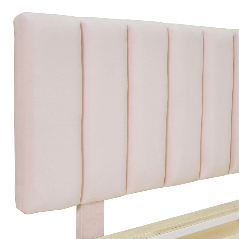 Lit plateforme flottant Queen en velours rose / gris / beige avec éclairage à bande LED, port USB et 4 compartiments de rangement