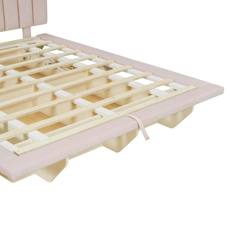 Lit plateforme flottant Queen en velours rose / gris / beige avec éclairage à bande LED, port USB et 4 compartiments de rangement