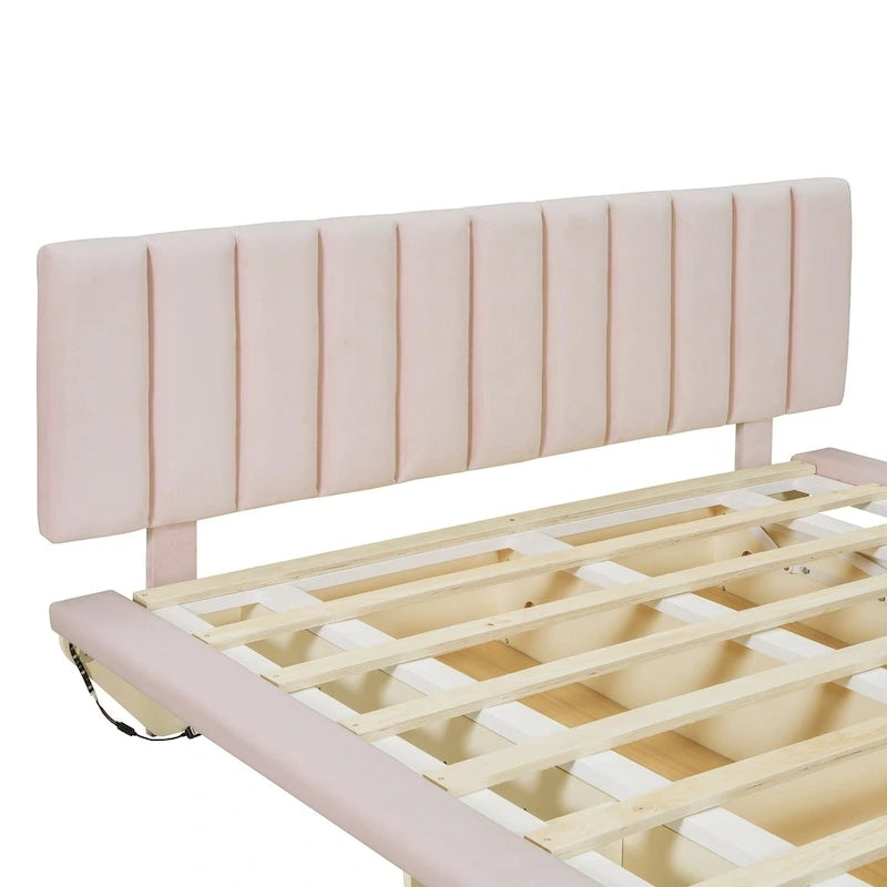 Lit plateforme flottant Queen en velours rose / gris / beige avec éclairage à bande LED, port USB et 4 compartiments de rangement