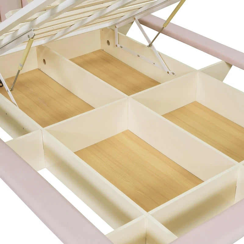 Lit plateforme flottant Queen en velours rose / gris / beige avec éclairage à bande LED, port USB et 4 compartiments de rangement