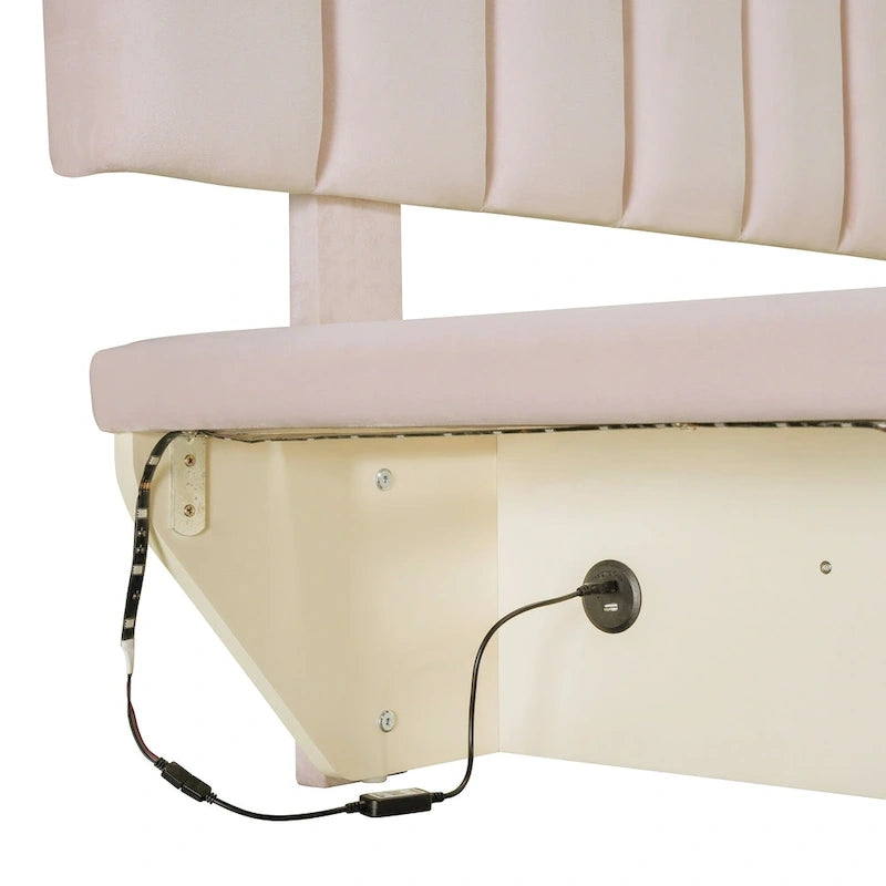 Lit plateforme flottant Queen en velours rose / gris / beige avec éclairage à bande LED, port USB et 4 compartiments de rangement
