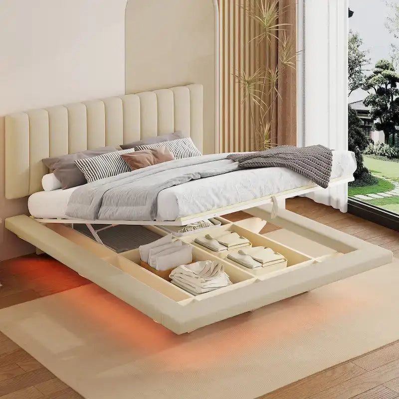 Lit plateforme flottant Queen en velours rose / gris / beige avec éclairage à bande LED, port USB et 4 compartiments de rangement