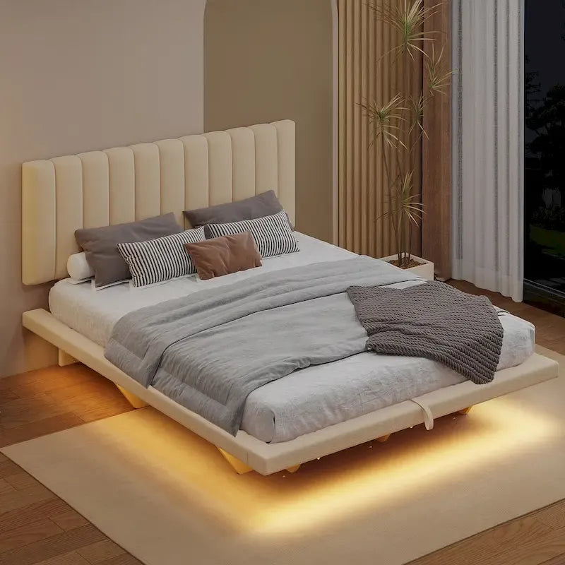 Lit plateforme flottant Queen en velours rose / gris / beige avec éclairage à bande LED, port USB et 4 compartiments de rangement