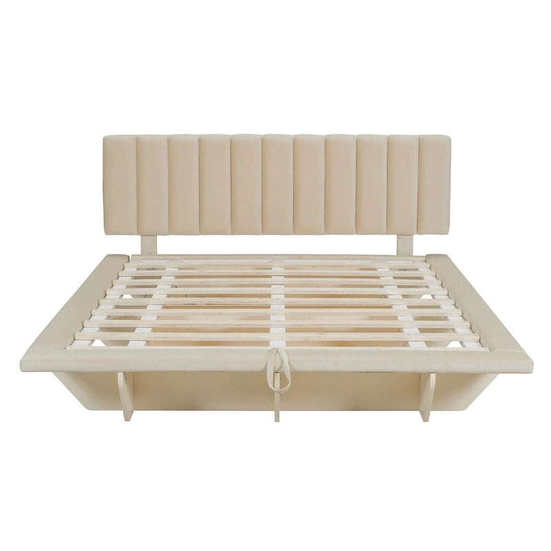 Lit plateforme flottant Queen en velours rose / gris / beige avec éclairage à bande LED, port USB et 4 compartiments de rangement