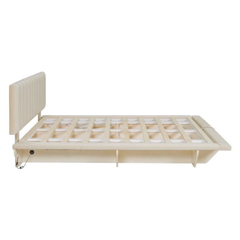Lit plateforme flottant Queen en velours rose / gris / beige avec éclairage à bande LED, port USB et 4 compartiments de rangement
