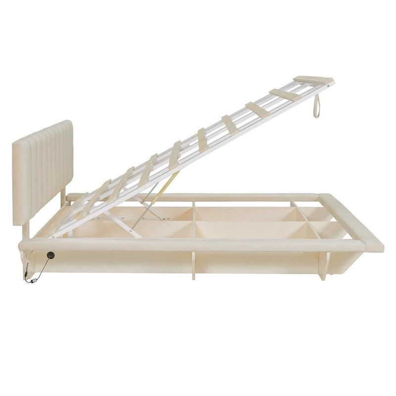 Lit plateforme flottant Queen en velours rose / gris / beige avec éclairage à bande LED, port USB et 4 compartiments de rangement