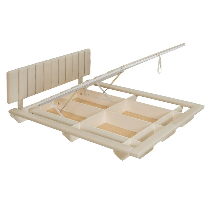 Lit plateforme flottant Queen en velours rose / gris / beige avec éclairage à bande LED, port USB et 4 compartiments de rangement