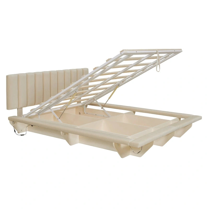 Lit plateforme flottant Queen en velours rose / gris / beige avec éclairage à bande LED, port USB et 4 compartiments de rangement