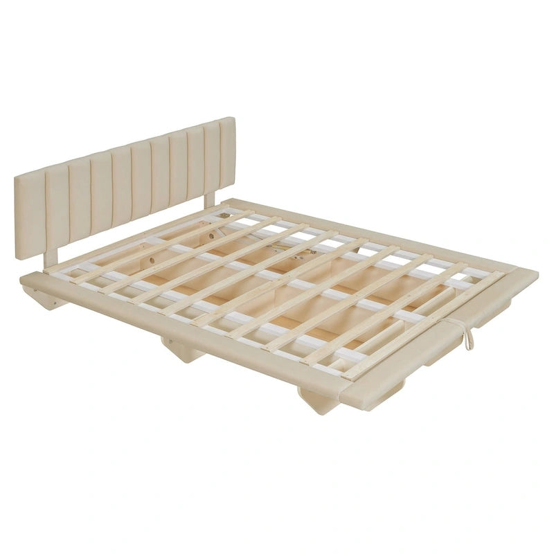 Lit plateforme flottant Queen en velours rose / gris / beige avec éclairage à bande LED, port USB et 4 compartiments de rangement